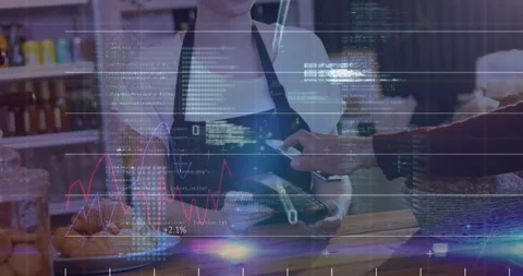 Animation of digital data processing over people using a payment terminal Stockbeeldmateriaal 329863344