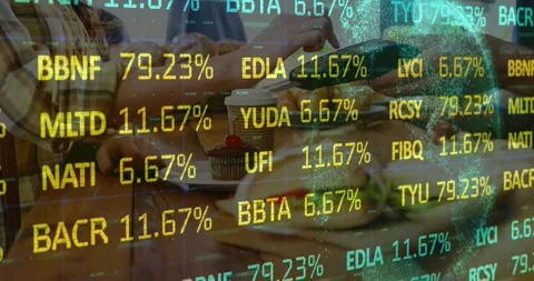 Animation of digital data processing over people using a payment terminal Stock Footage 329977390