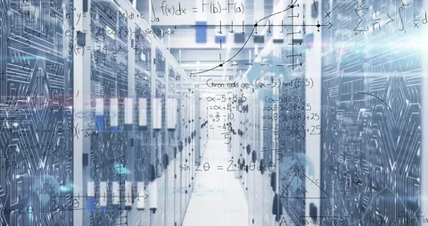 Animation of digital data processing over server room Stockbeeldmateriaal 330344161