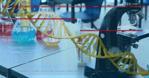 Animation of digital data processing over dna strand and laboratory Stock Footage 330664704