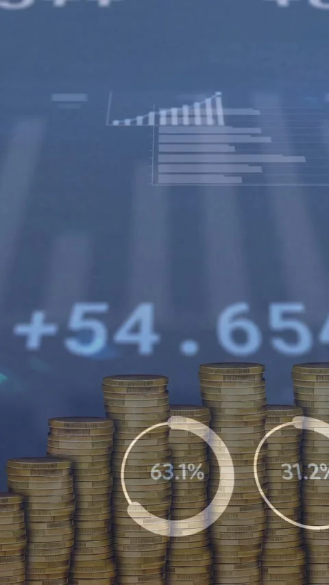Animation of digital data processing over stacks of coins Stock Footage 341659827