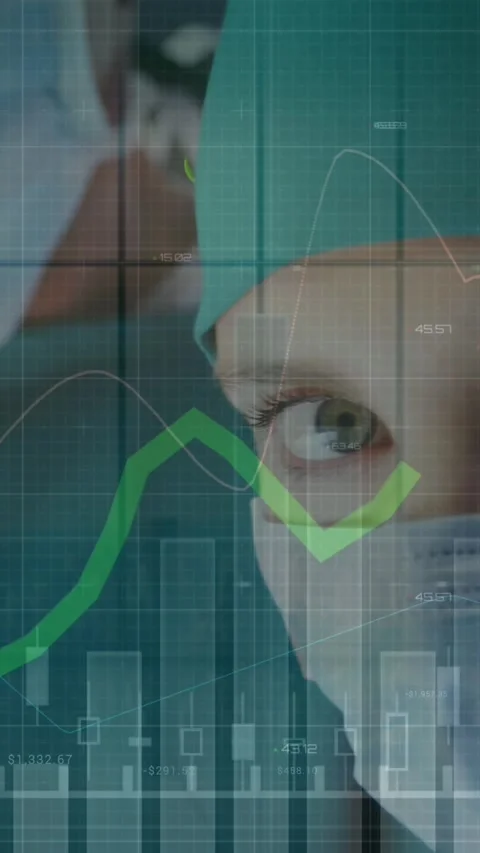 Animation of digital data processing over surgeons in operating theatre Stock Footage 342914868
