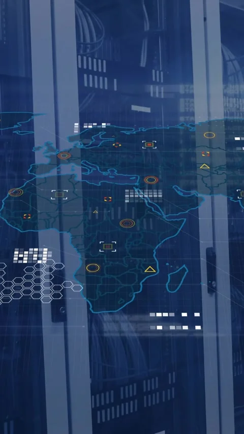 Animation of digital data processing over world map and computer servers Stock Footage 342915456