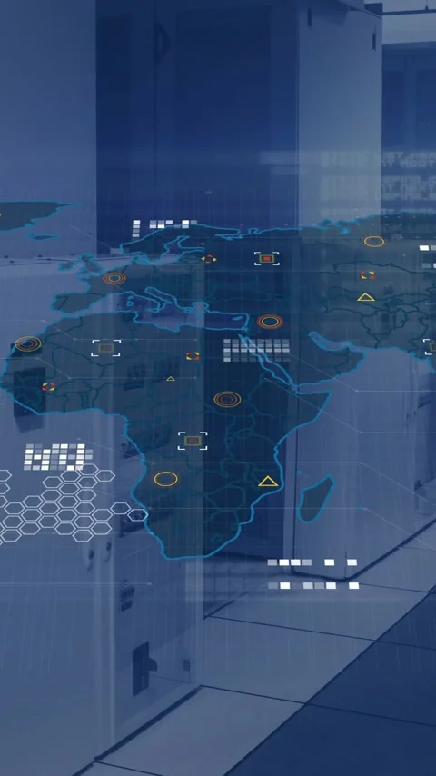 Animation of digital data processing over world map and computer servers Stock Footage 342996726