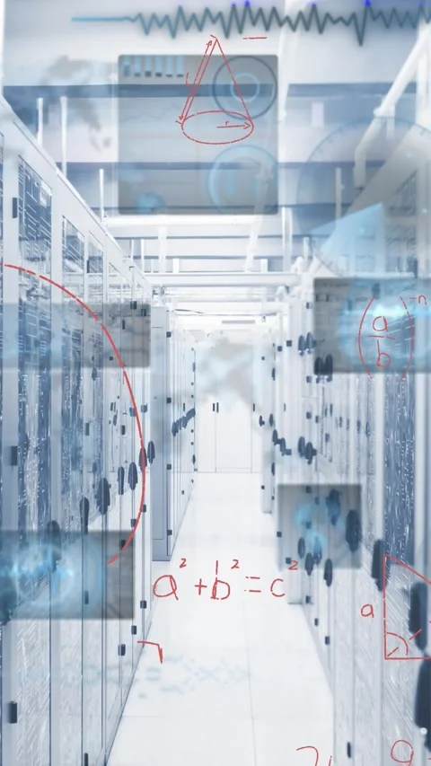 Animation of digital data processing over server room Stock Footage 343828261