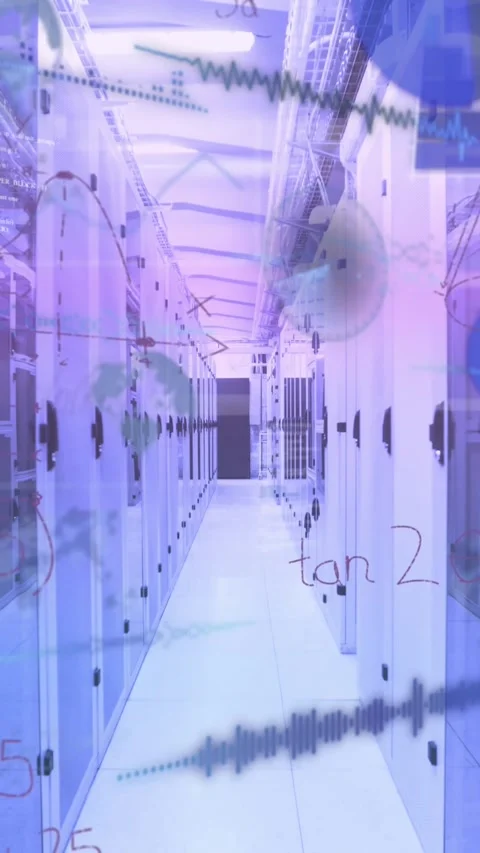 Animation of digital data processing over server room Stock Footage 343887758