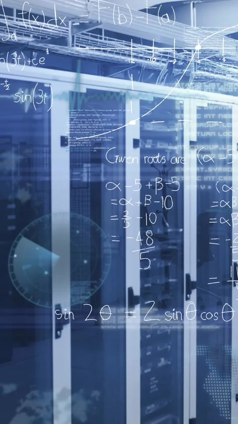 Animation of digital data processing over server room Stock Footage 343902092