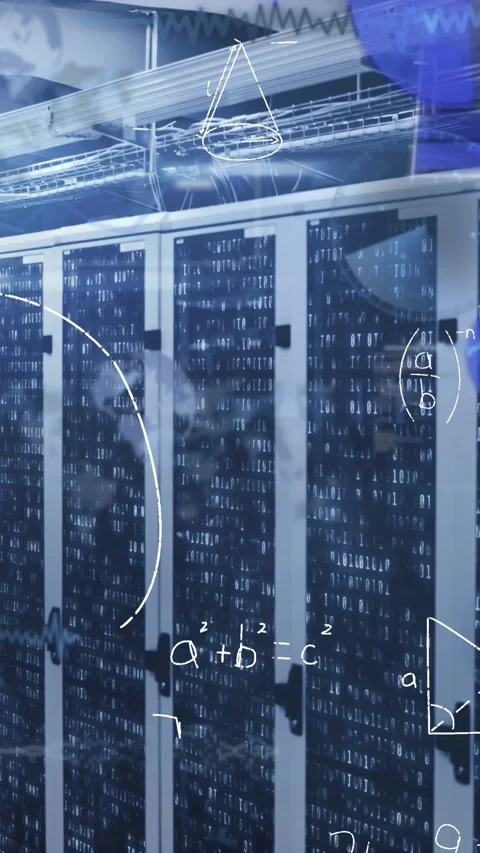 Animation of digital data processing over server room Stock Footage 343902106