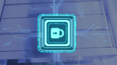 Animation of digital data processing, padlock icon, circuit board and computer Stock Footage 312945319