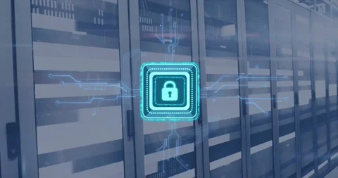 Animation of digital data processing, padlock icon, circuit board and computer 스톡 동영상 326886658