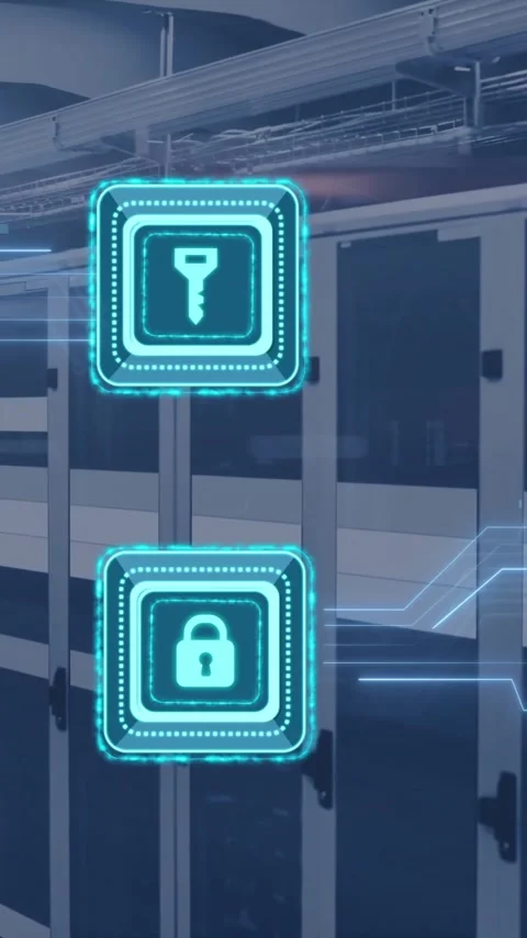 Animation of digital data processing, padlock and key icons, circuit board and 스톡 동영상 342915454