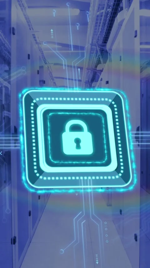Animation of digital data processing, padlock icon, circuit board and computer Stock Footage 342915479