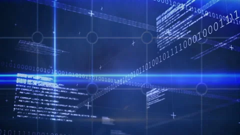 Animation of digital data streams and binary code flowing through blue grid Stock Footage 303472270