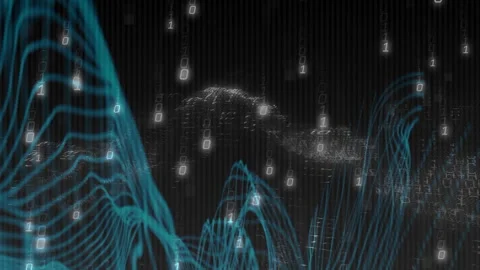 Animation of digital data streams with binary code over abstract blue wave Video stock 303607734