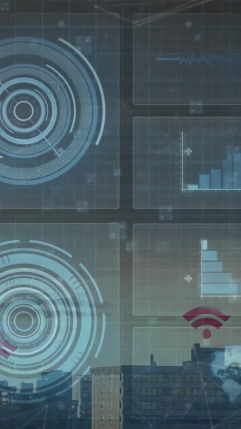 Animation of digital data visualization with graphs over city skyline at dusk Stock Footage 319810895