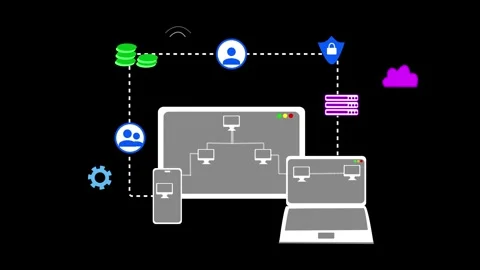 Animation of digital devices connected in a network with cloud and server ico Stock Footage 318100947