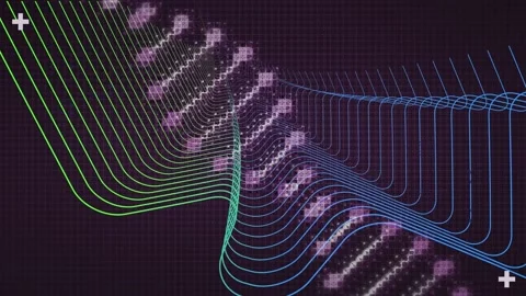 Animation of digital dna strand rotating over green and blue curved parallel Stock Footage 157347290