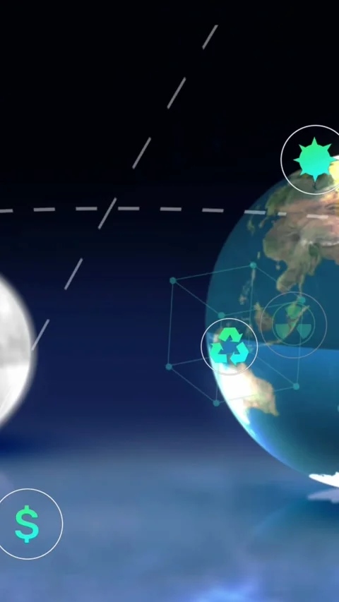 Animation of digital eco icons processing over globe and moon Stock Footage 342034139