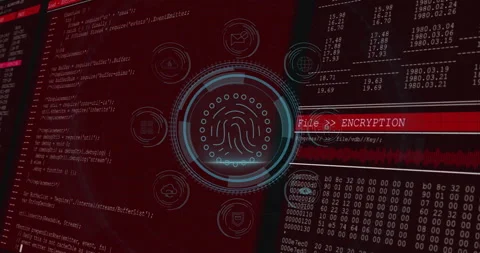 Animation of digital encryption interface with coding and data on red background Stock Footage 303564001