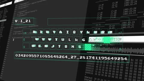 Animation of digital encryption interface showing code and data processing Stock Footage 304843389