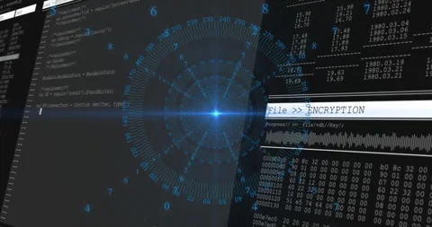 Animation of digital encryption process with data and numbers glowing centrally Stock Footage 304768691