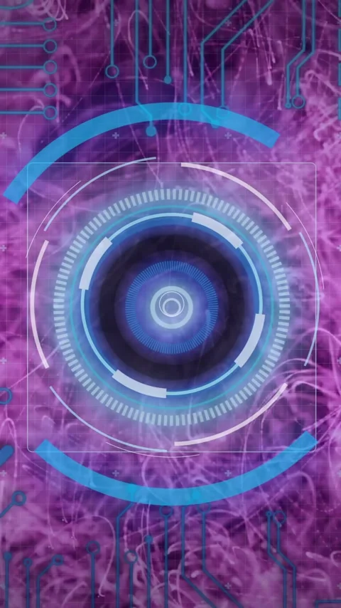 Animation of digital eye with circuits on abstract purple background Stock Footage 344244688