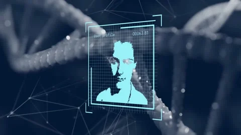 Animation of digital face recognition interface with DNA strands in background Stock Footage 327900971