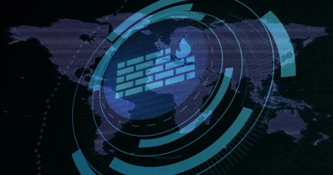 Animation of digital firewall icon over world map with binary code patterns Stock Footage 305058129