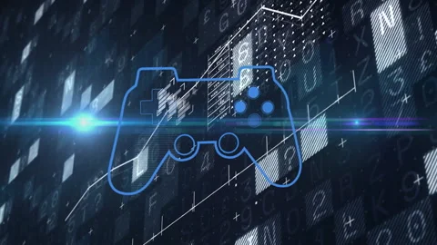 Animation of digital game controller with futuristic data and technology Stock Footage 303608325