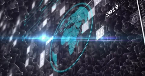 Animation of digital globe with 2019 text and futuristic data visualization Stock Footage 327359389