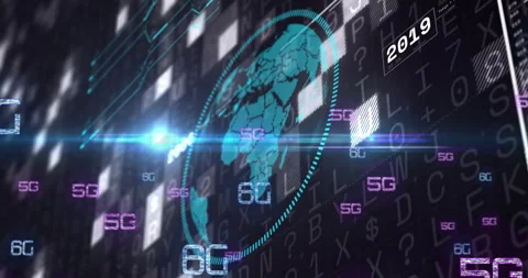 Animation of digital globe with 5G and 6G technology over binary code background Stock Footage 303588824