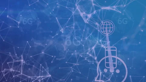Animation of digital globe and head illustrating 6G technology network Stock Footage 303529051