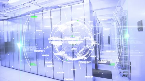 Animation of digital globe and text rotating against server room in background Stock Footage 330661759