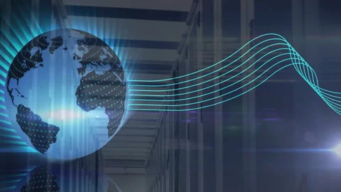 Animation of digital globe with binary code connected to data servers in school Video stock 303948212