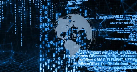Animation of digital globe with binary code and programming language elements Stock Footage 304088714