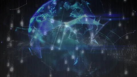 Animation of digital globe with binary code overlaying cityscape, showing global Stock Footage 304095322