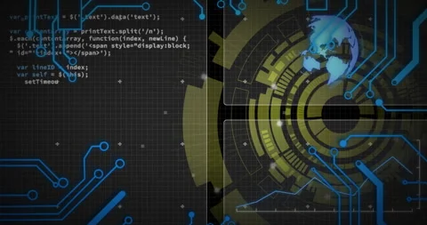 Animation of digital globe with circuit patterns and coding text on dark grid Stock Footage 304841180