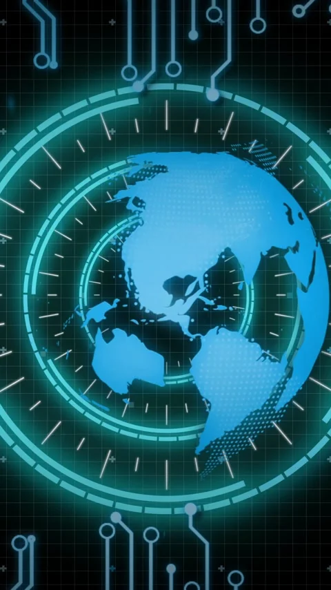 Animation of digital globe with circuit patterns and data charts, futuristic Stock Footage 319617531