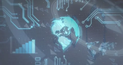Animation of digital globe with circuit patterns representing global technology Stock Footage 327587497