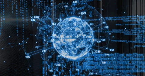 Animation of digital globe with data and binary code, showing global Video stock 303431700