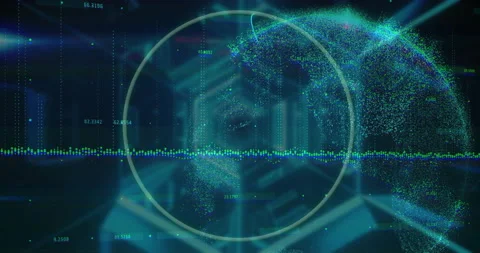 Animation of digital globe with data points and green circle in futuristic Stock Footage 303675762