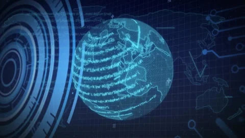 Animation of digital globe with data streams on dark grid background Stock Footage 303528241
