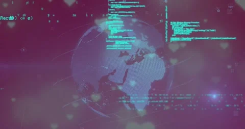 Animation of digital globe with data streams and coding text in background Stock Footage 330662338
