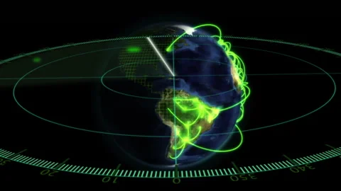 Animation of digital globe with green data lines and radar grid on continents Stock Footage 305459586