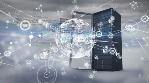 Animation of digital globe with network and graph icons interconnecting and code Stock Footage 202332562