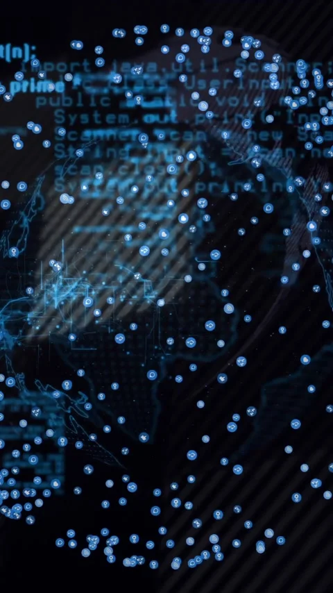 Animation of digital globe with network connections and code on dark background Stock Footage 344370554