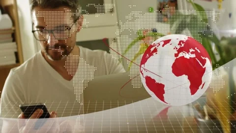 Animation of digital globe over man using smartphone 動画素材 163149143