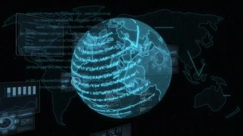 Animation of digital globe with programming codes and screens with database over Stock Footage 330177900