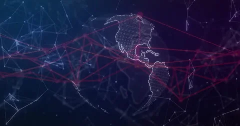 Animation of digital globe with red network lines and data connections Stock Footage 303431609