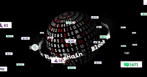 Animation of digital globe rotating with blockchain text and binary code in Stock Footage 304648684